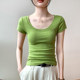 Pure cotton u-neck short-sleeved T-shirt for women 2025 summer new style clavicle exposed large neckline waist-hugging slimming fruit green top