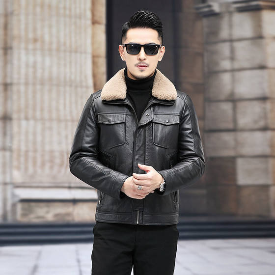 
This year's popular special new Haining genuine leather jacket men's first-layer cowhide winter down jacket with slim lapel