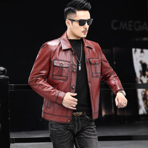 
This year's popular special spring and autumn Haining genuine leather jacket men's first-layer calfskin fitted motorcycle suit leather jacket casual