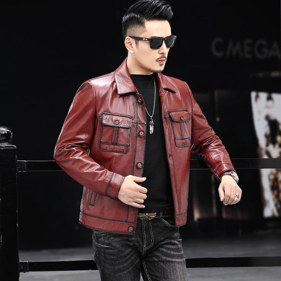 
This year's popular special spring and autumn Haining genuine leather jacket men's first-layer calfskin fitted motorcycle suit leather jacket casual