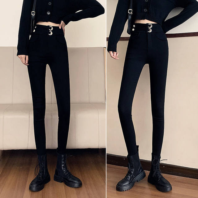 Black High Waist Stretch Feet Black Trousers Tight Pencil Magic Pants
