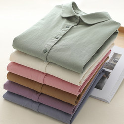 2026 Spring and Autumn Women's Doll Collar Pure Cotton Brushed Thickened Long Sleeve Shirt Fresh and Artistic Casual Base Shirt