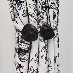 Black Handmade Floral Tie-Backs for Curtains, Decorative Satin Flower Tiebacks, Window Decoration Accessories