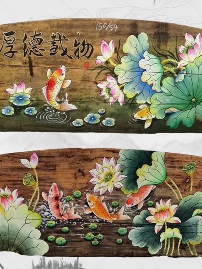 禅蓮の木製壁掛けアート - 手描きの中国風装飾