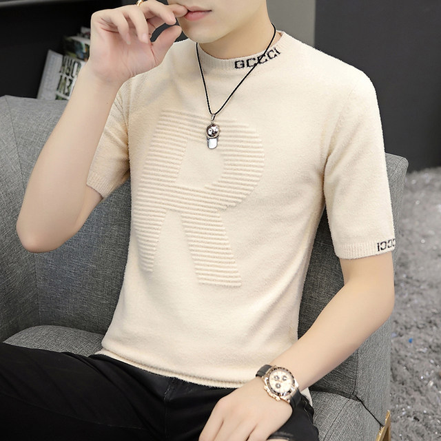 Round neck sweater men's thick section winter trend short-sleeved inner ...