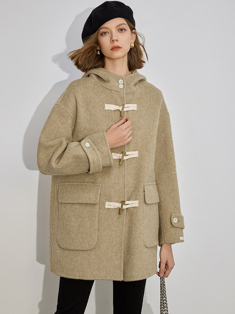 South Korea dongdamen 19 winter new loose cocoon type hidden button hooded double side cashmere wool overcoat women's short