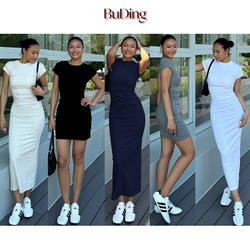 Buding European and American Style Pleated Waist-Cinching Round Neck Short-Sleeved Dress