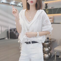 White Hollow-Out Knit Top for Women, 2026 Spring and Autumn New Korean Style, Lazy Style Hooded Sun Protection Cover-Up Jacket, Trendy