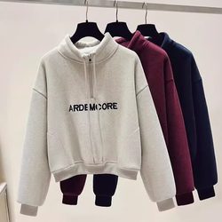 Petite Fleece-Lined Thick Embroidered Letter Sweatshirt for Women, Autumn and Winter Student Casual Warm Half-Zip Top Jacket