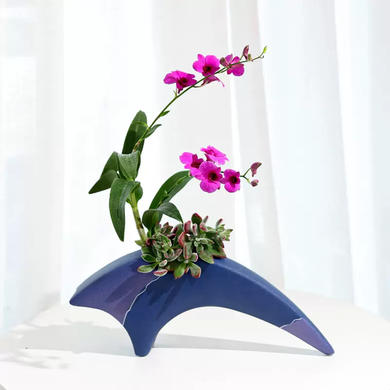 劍山陶瓷藍色池坊花器日本池坊花器自由花劍山插花工具花盆花瓶-Taobao