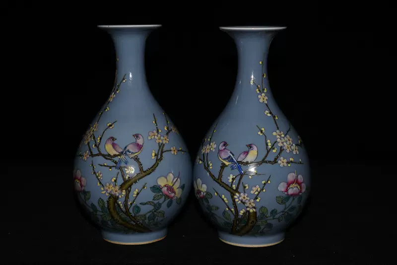 古玩古瓷器收藏大清乾隆年制珐琅彩粉彩花鸟玉壶春瓶一对-Taobao