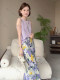 artme Gua Gua Violet Floral Skirt Women's Korean Commuter Medium-Length Hip-Pack One-Step Long Skirt