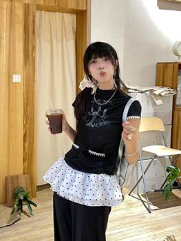 Korean polka dots butt curtain polka dots ballet style short skirt layered with double layer lace playful cute polka dots mini skirt