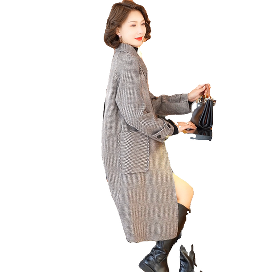 Clear warehouse processing autumn and winter hair woolen outer women's long wool woolen woolen woolen big clothing thousands of bird lattice double sides, mother