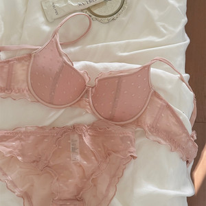 
French polka dot pink girly pure desire small breast push-up bra set thin lace mesh lace underwear for women