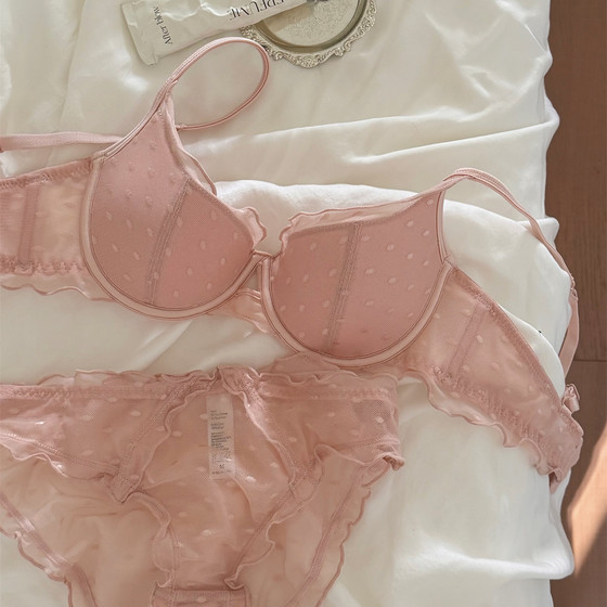 
French polka dot pink girly pure desire small breast push-up bra set thin lace mesh lace underwear for women