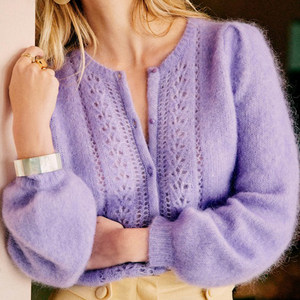 Knitted cardigan spring new women's short thin soft glutinous sweater jacket hollow out -of -the -way wearing French purple