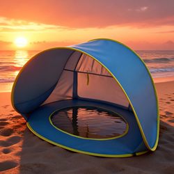 Children's Quick-Opening Beach Play Tent, Outdoor Sunshade and Sun Protection Playhouse for Boys and Girls, Double-Person Sand Digging Pool at the Seaside