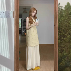 French-Style Bowknot Vest Fake Two-Piece Dress for Women, Summer Gentle Vacation Style, Heavy Pleated Long Skirt