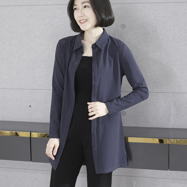 Mid -long shirt female covers her ass, fashion spring and autumn new cardigan, wearing a shirt outside Modal long sleeve top