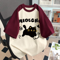 Girls' Raglan Pure Cotton Short-Sleeved T-Shirt Summer New Style Cartoon Kitten Fashionable Half-Sleeved Top for Girls
