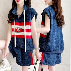Slightly fat mm loose large size printed splicing imitation denim suit women's summer sleeveless vest T-shirt shorts two-piece set