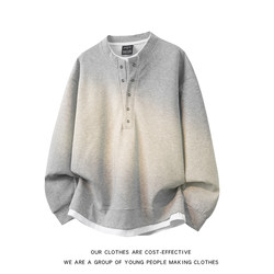 Henry Collar Fake Two-Piece Long-Sleeve Sweatshirt for Men, Trendy Brand, High-End American Casual Style, Plus-Size Men's T-Shirt Base Layer Top