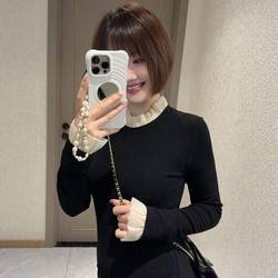Korean Style Patchwork Ruffled Long-Sleeve T-Shirt for Women, Autumn and Winter Slim-Fit Design, Unique Niche Base Shirt, Distinctive Inner Wear Top