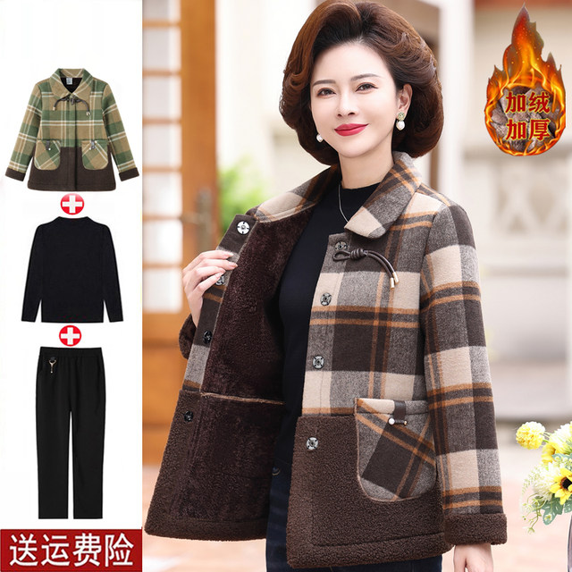 Middle -aged mother spring and autumn, velvet thick lattice woolen jacket, middle -aged and elderly women's new foreign gas -keeping shirt