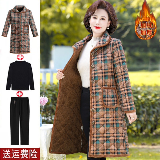 Autumn and winter mothers pretend to add velvet plaid cotton jackets in the middle and long warm cotton clothing cover jacket middle -aged and elderly ladies
