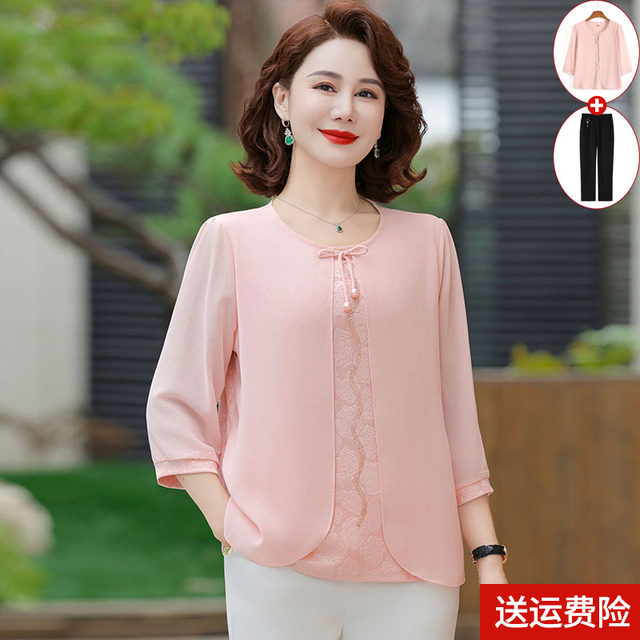 Middle-aged mother dressed in summer for two-piece mid-sleeved chiffon shirt middle-aged and elderly women's spring and autumn fashionable T-shirt belly covering top