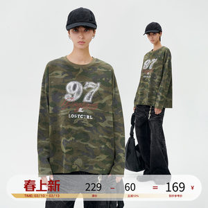 
LOSTCTRL New American retro camouflage digital print loose round neck long sleeve T-shirt for men and women