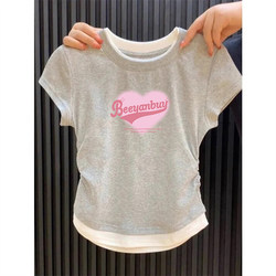 Girls' Fake Two-Piece Short-Sleeved T-Shirt Summer Pure Cotton Big Kidsren's Slim Clothes Fashionable Girl's Color-Blocked Waist Top