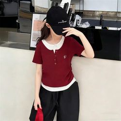 Girls' T-Shirt Short-Sleeve Summer Outfit 2026 New Style Children's Faux Two-Piece Top for Older Girls Slim-Fit Buttoned Clothing