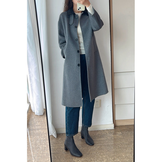 
Coco Youpin 25 Autumn and Winter Simple and High-end Gray Lapel Double-sided Wool Silk Mid-Length Coat