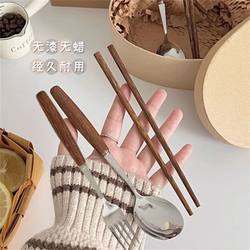 Solid Wood Chopsticks Set, Stainless Steel Spoon and Fork Three-Piece Set, Portable Tableware for Students, Office Workers, and Outdoor Use