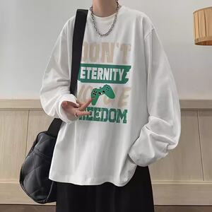 Heavy white long -sleeved T -shirt Men's autumn tide bottoming shirt loose leisure student versatile round neck
