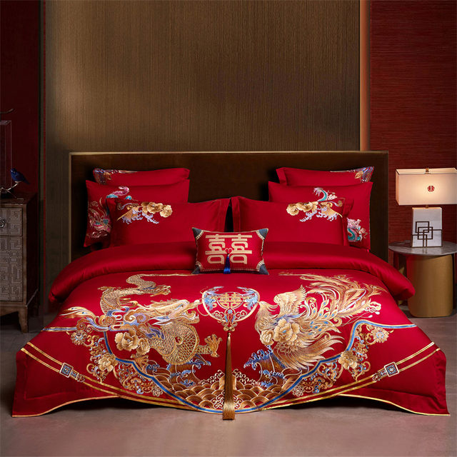 Chinese dragon and phoenix embroidery cotton four-piece wedding pure cotton red wedding quilt cover festive long-staple cotton gift bedding