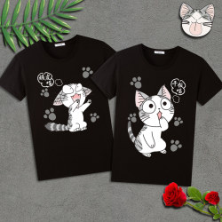 Sweet Private Cat Short-Sleeved T-Shirt Cheese Cat Anime Black Cotton Clothes Love Cat Student Male and Female Couple Clothing
