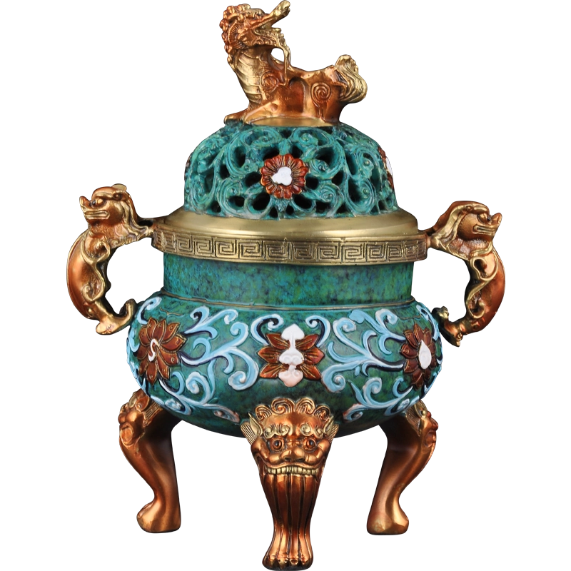 AM655 明宣徳 老銅獸面双耳三足炉・銅香炉☆