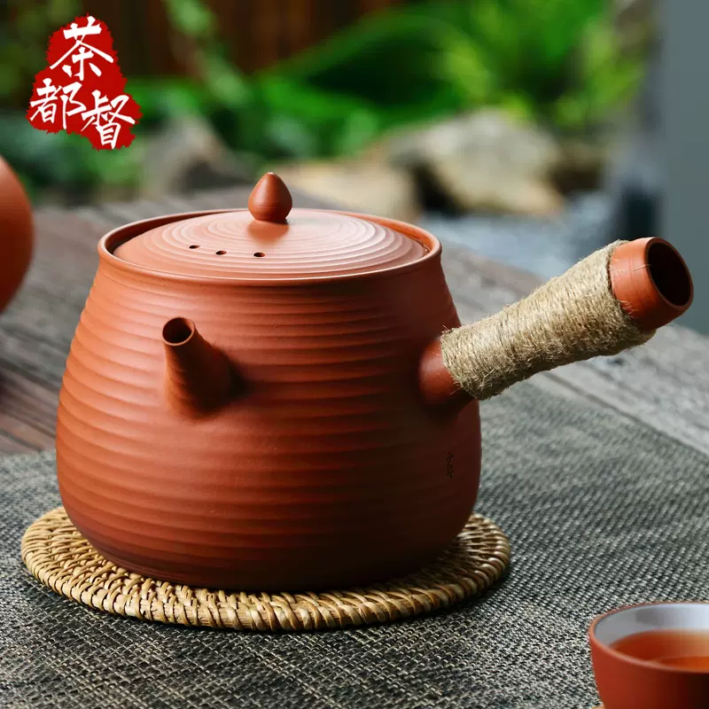 明德園側把急須壺紫砂壺粗陶朱泥潮州手拉壺砂銚泡茶煮茶壺