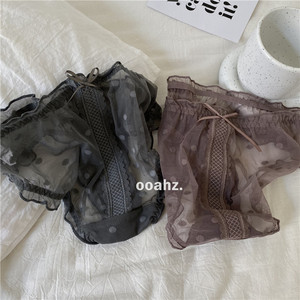 Retro -green wave dot control little sexy mesh lace bow semi -transparent and cute low waist women's underwear