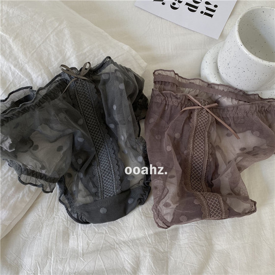 Retro -green wave dot control little sexy mesh lace bow semi -transparent and cute low waist women's underwear