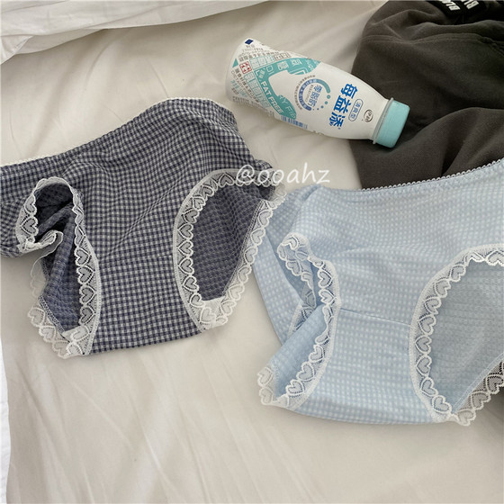 OoaHz's resurrected small plaid underwear back is back with cute cotton lace edge girl low waist girl
