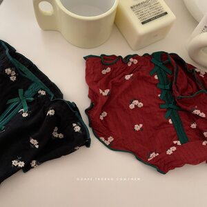 Smiling dimple flower retro contrasting color cute sweetheart, hollowed out butterfly knot printed flower cotton sexy low waisted women's underwear