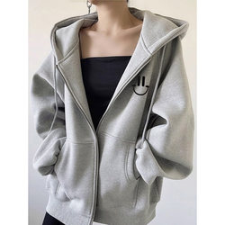 Jimo Brand New Pure Cotton Hooded Sweatshirt for Women, Autumn and Winter Korean Style, Lazy Style, Zip-Up Cardigan, Fleece-Lined and Thickened Jacket