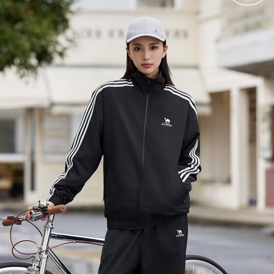 
Camel Campus Windbreaker Jacket Stand Collar Jacket Women's Men's Couple Spring Outdoor Sports Water-Repellent Black