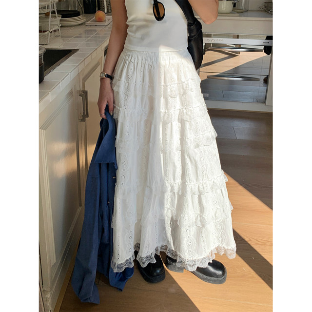French retro ballet style cake puffy skirt for women 2025 spring Korean lace spliced ​​skirt A-line long skirt winter