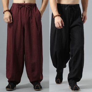 Summer Tang clothing Chinese style casual men's pants wide -leg lanterns, loose cotton and hemp practice pants Zen Xiujiu
