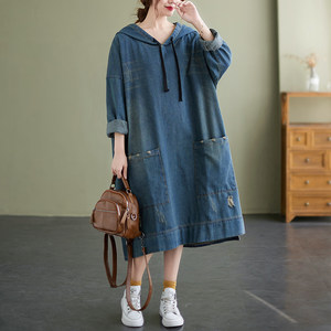 
200*0.5kg fat mm spring and autumn new loose large size denim mid-length skirt worn out meat hooded slit dress trendy
